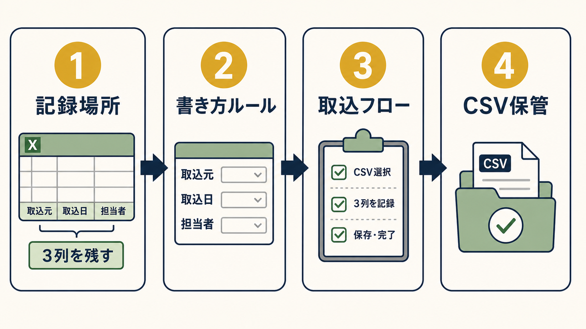 Excelで記録場所書き方ルール取込フローCSV保管まで進めてCSV取込情報を残す4ステップ図