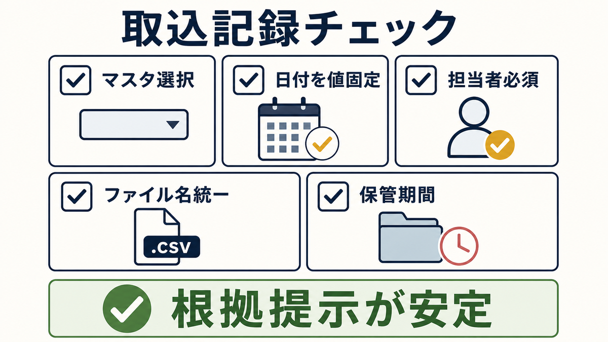 ExcelでCSV取込記録を運用するときにマスタ選択日付値固定担当者必須ファイル名統一保管期間を確認する注意点図