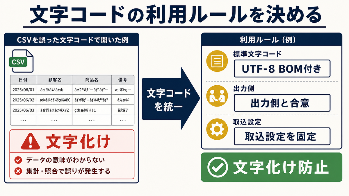 Excel管理表でCSVの文字コードをUTF-8 BOM付きなどに統一し出力側と合意して取込設定を固定する全体像の図