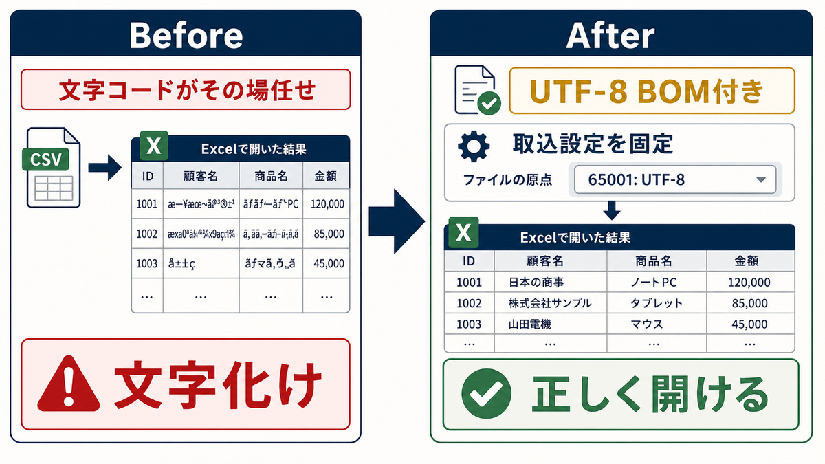 Excel管理表で文字コードがその場任せの状態からUTF-8 BOM付きと65001 UTF-8取込設定に固定するBefore After図