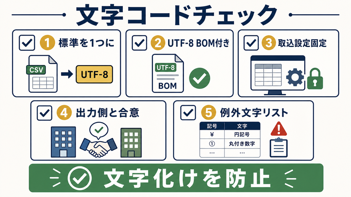 ExcelのCSV文字コード運用で標準を1つにUTF-8 BOM付き取込設定固定出力側合意例外文字リストを確認する注意点図