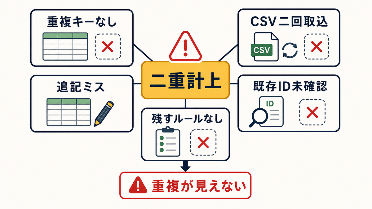 Excel管理表で重複キーなしCSV二回取込追記ミス既存ID未確認残すルールなしにより二重計上が起きる原因分析図