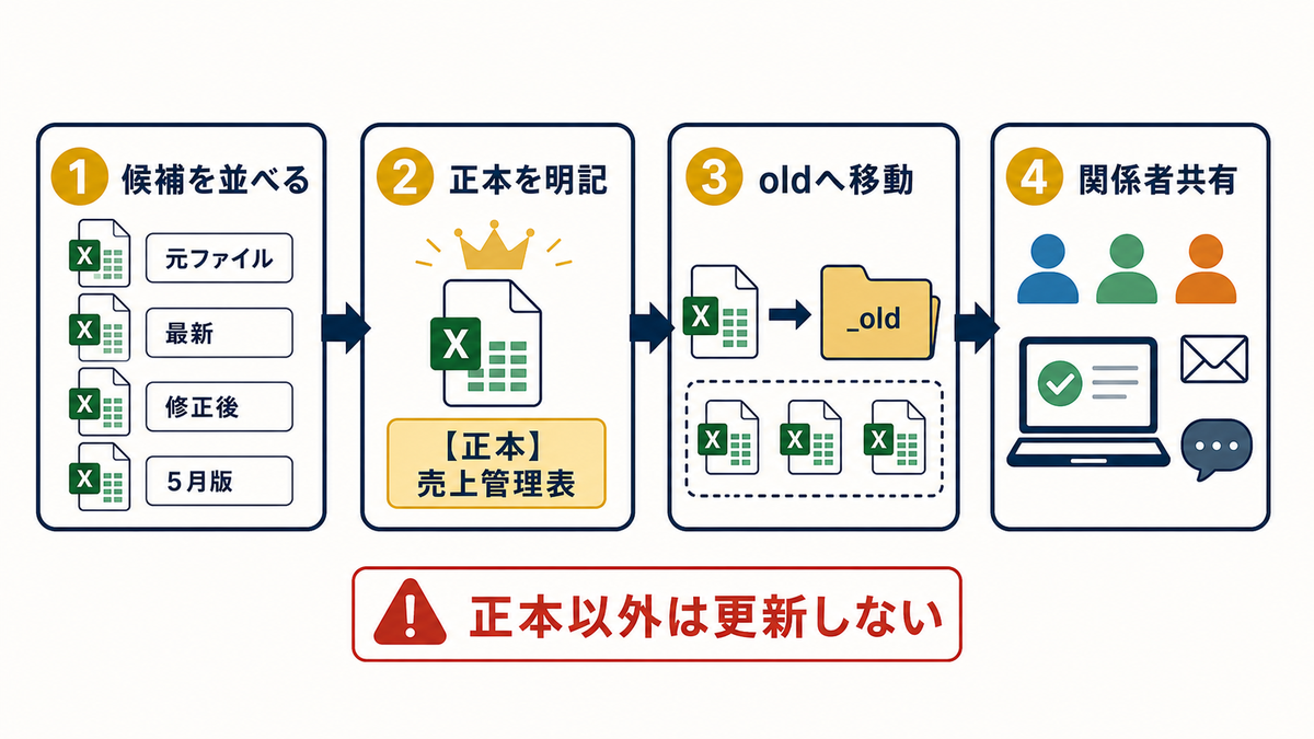 Excelで候補を並べる正本を明記oldへ移動関係者共有まで進める正本管理4ステップ図