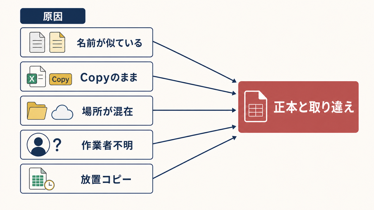 Excel管理表で名前が似ているCopyのまま場所が混在作業者不明放置コピーにより正本と取り違える原因分析図