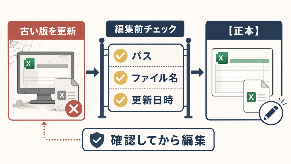 Excel管理表で古い版を更新する事故を防ぐためパスファイル名更新日時を確認してから編集する全体像の図