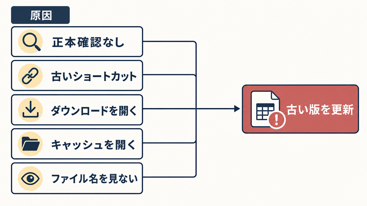 Excel管理表で正本確認なし古いショートカットダウンロードキャッシュファイル名を見ないことにより古い版を更新する原因分析図