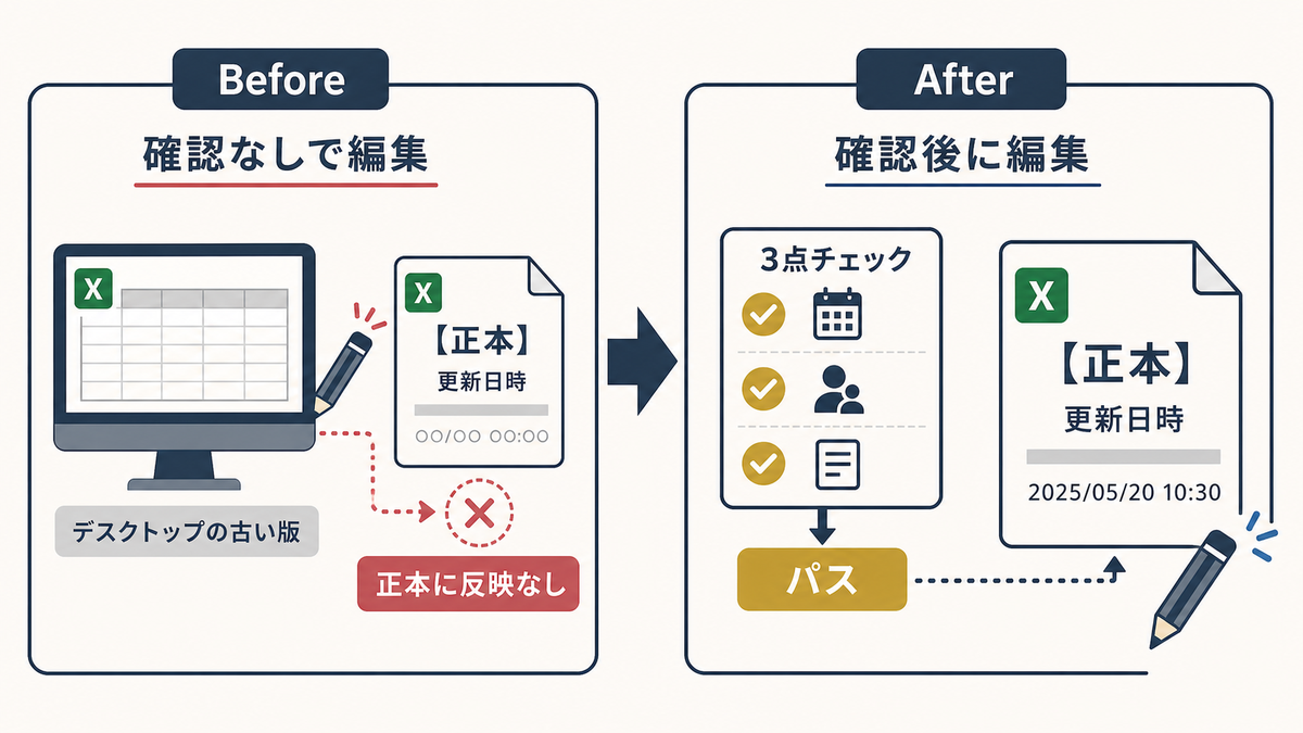 Excel管理表で確認なしにデスクトップの古い版を編集する状態から3点チェック後に正本を編集するBefore After図