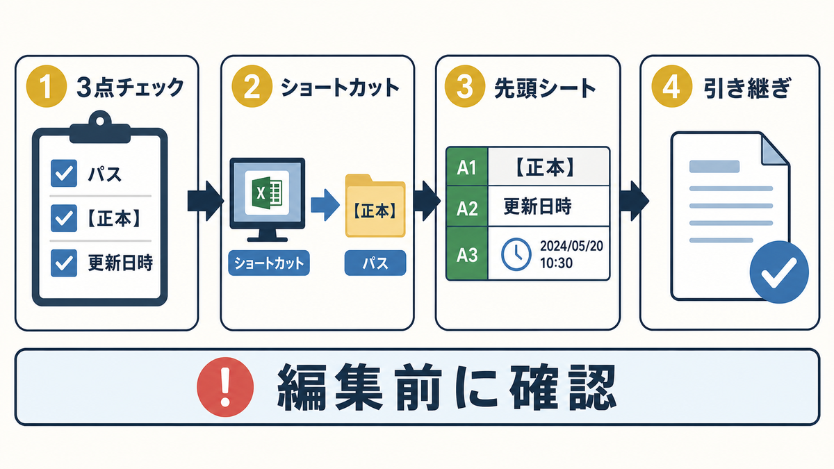 Excelで3点チェックショートカット先頭シート引き継ぎにより編集前に正本を確認する4ステップ図