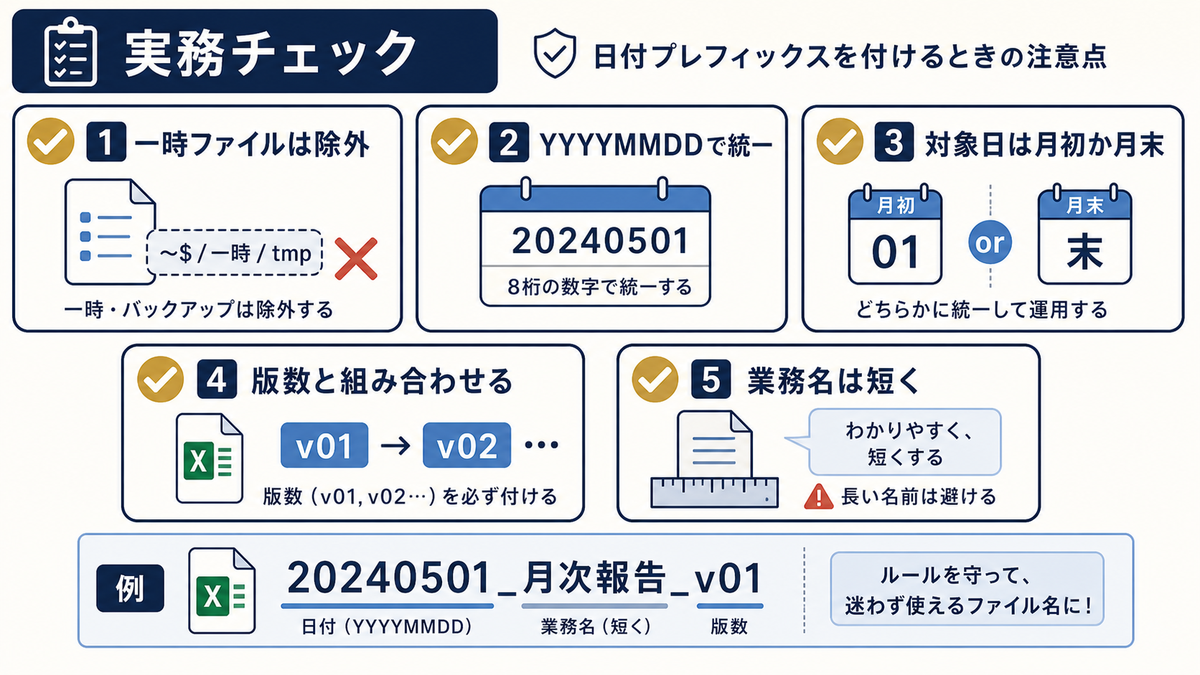 Excelの日付プレフィックス運用で一時ファイルは除外YYYYMMDDで統一対象日は月初か月末版数と組み合わせる業務名は短くを確認する注意点図
