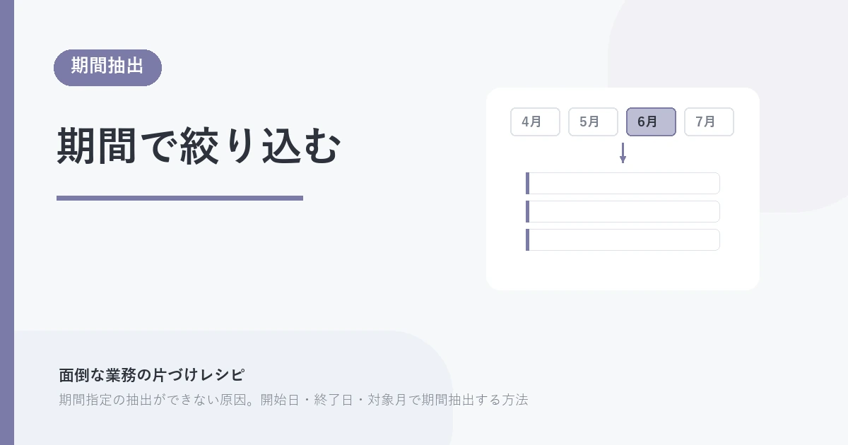 期間で絞り込む。期間抽出 を示す図解つきのアイキャッチ。