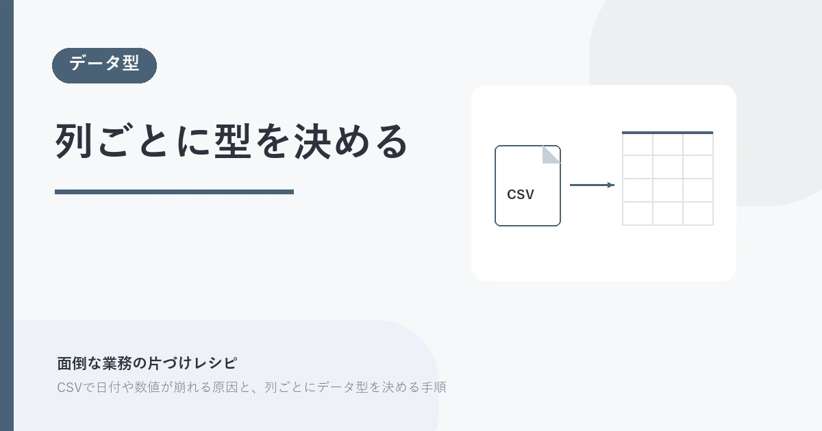 列ごとに型を決める。データ型 を示す図解つきのアイキャッチ。